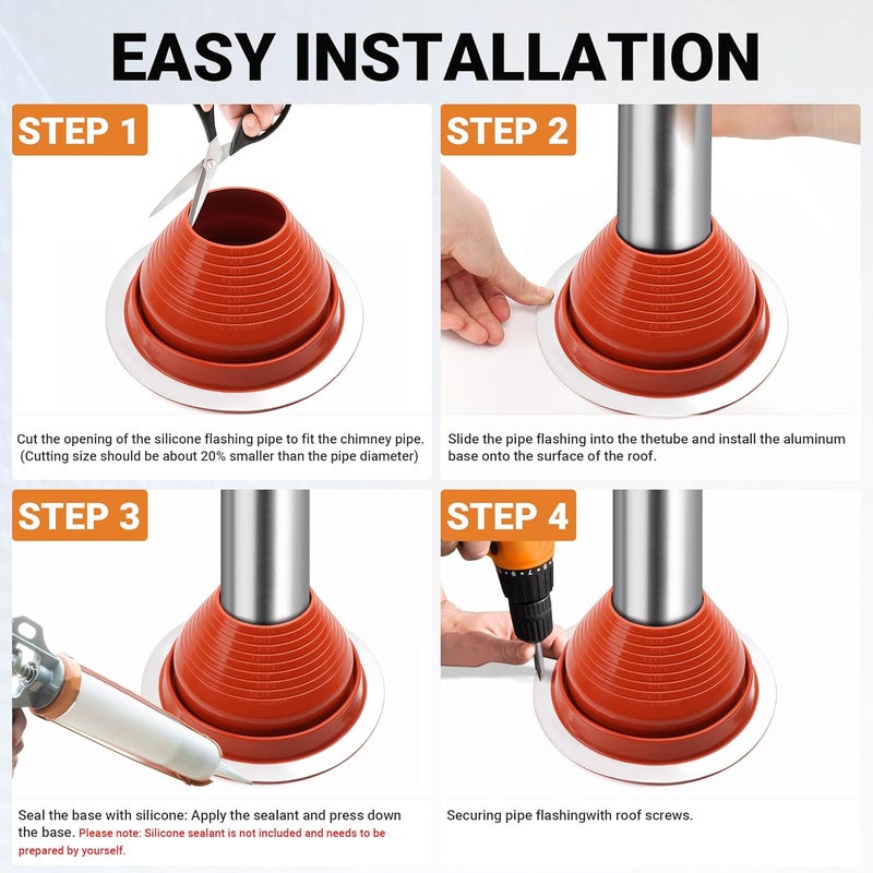 Aothotop #6 High Temp Silicone Metal Roof Pipe Flashing Boot - Roof Vent Boot for Pipe OD 5" to 9" - Roof Vent Cover for Stove Pipe, Chimney, HVAC Ducts & Plumbing Vents with Roofing Screws & Hex Socket - Image 4